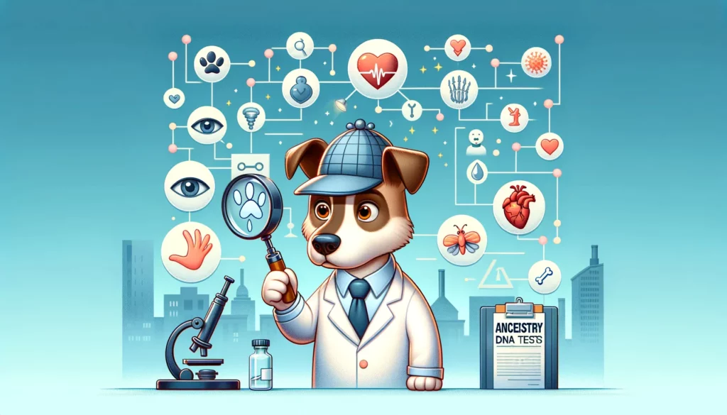Cartoon of a dog wearing a detective hat, illustrating the health insights from dog DNA tests.