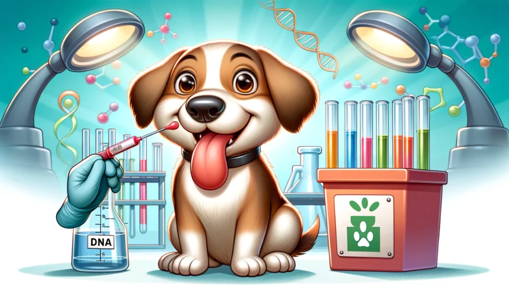 Cartoon of a cheerful dog licking a swab for a saliva sample, amidst colorful scientific equipment and test tubes, depicting DNA sample collection