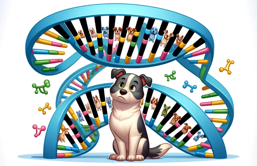 Cartoon of a dog looking at a DNA double helix with icons of different dog breeds, symbolizing genetic diversity in canine ancestry